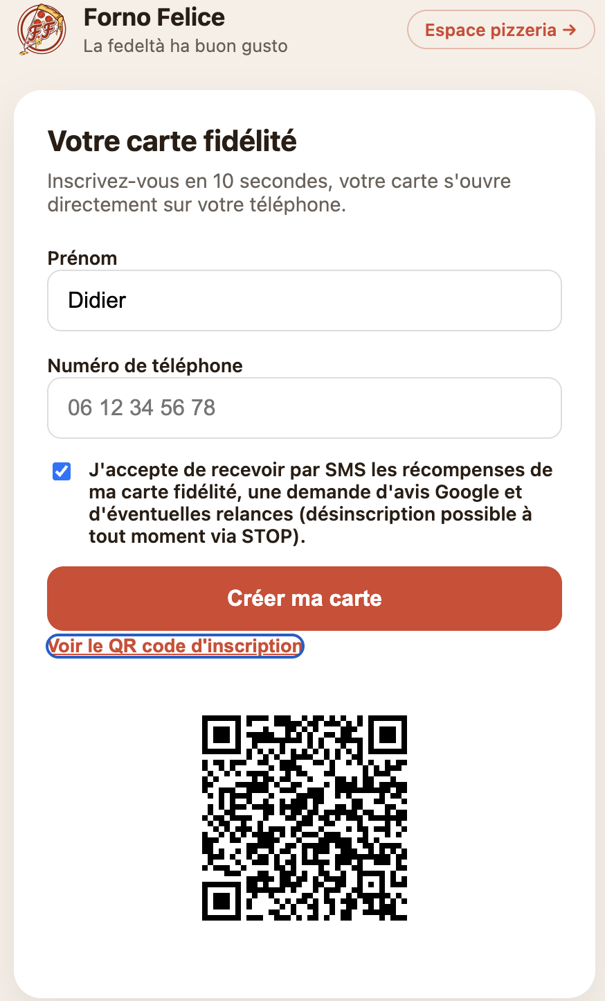 Écran d'inscription à la carte fidélité, exemple Forno Felice
